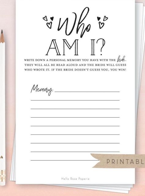 Bridal Shower Memory Game, Who Am I Bridal Shower Game, Bride Shower Games, Bridesmaid Games, Bridesmaid Stuff, Bride Game, Groom Gifts, Bridal Games, Bachelorette Ideas