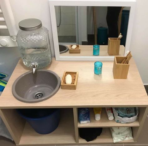 Montessori Grooming Station, Diy Montessori Bathroom Station, Montessori Bathroom Sink, Diy Montessori Self Care Station, Montessori Bathroom Station Ikea, Montessori Sink Diy, Toddler Bathroom Station, Montessori Bathroom Station, Montessori Bad