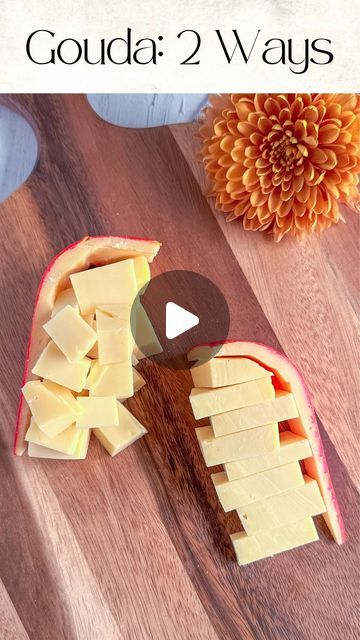 Kim Charon | Charcuterie & Things LLC on Instagram: "Gouda, two ways! 🍽️ With just a handheld cheese slicer, you can elevate your cheese board styling game. 

🧀 Hack 1: Slice your Gouda in half, then use the slicer to carve around the edge. Cube the inside and place the pieces back into the shell for a textured look. Perfect for easy snacking!

🧀 Hack 2: Slice around the edge again, but this time, slice the inside downward. Stagger the pieces inside for a layered presentation.

Which styling are you trying next?

SAVE and FOLLOW @charcuterie_n_things for more food styling tips!

#fyp #charcuterieandthings #charcuterieboard #cheeseboard #foodstyling #diy #cheese #tipsandtricks #gouda" Charcuterie Board Cheese Cuts, How To Cut Gouda For Cheese Board, How To Cut Cheese For Charcuterie, Diy Charcuterie Board, Diy Cheese, Catering Ideas Food, Cheese Slicer, Gouda Cheese, Cheese Tasting