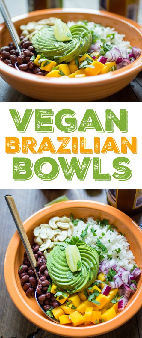 Vegan Brazilian Bowls are loaded with creamy coconut rice, black beans, mango, avocado, and cashews. My favorite flavors from Brazil! Creamy Coconut Rice, Rice Black Beans, Mango Avocado, Buddha Bowls, Vegan Bowls, Coconut Rice, Brazilian Food, Vegan Meals, Vegan Eating