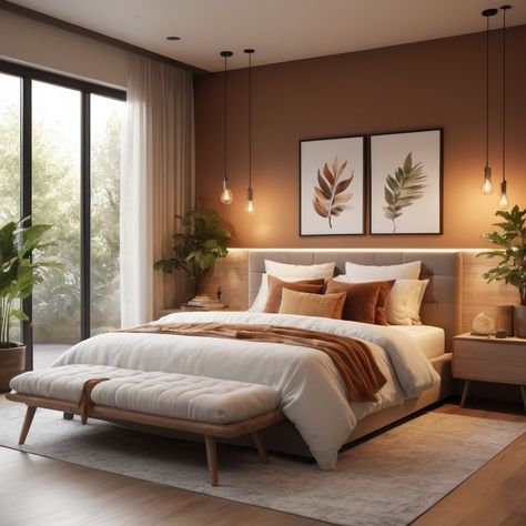 Couples Bedroom Inspo, Master Bedrooms Minimalist, Light Brown Bedroom Walls, Greenery Bedroom Ideas, Bedroom Couple Ideas, Cozy Couples Bedroom, Warm Minimalist Bedroom, Warm Tone Bedroom, Warm Toned Bedroom