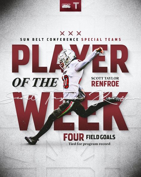 𝙏𝙃𝙀 𝙆𝙄𝘾𝙆 𝙄𝙎 𝙂𝙊𝙊𝘿 Congrats to Scott Taylor Renfroe for taking home this week's SBC Special Teams Player of the Week honor. He is the nation's leader with 15 field goals this season, which is the most in @SunBelt history through seven games. Sports Team Photography, Troy Trojans, Trojans Football, Sun Belt, Football Photography, Fan Engagement, Sport Poster Design, Field Goal, Sports Graphic Design