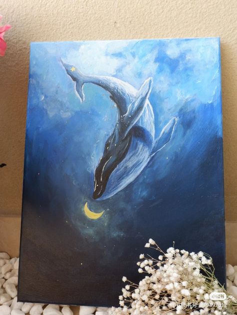 Moon Painting With Texture, Big Drawings Ideas Canvases, Whale Acrylic Paintings, Acrylic Painting Canvas Inspiration, Drawing A Whale, Whale Painting Acrylic, Whale Canvas Painting, Painting Ideas Ocean, Mermaid Paintings Acrylic