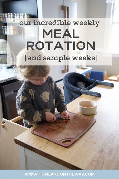 Our Meal Rotation: Easy Meal Planning [& Sample Weeks] — Home and on the Way 1 Month Meal Plan Families, Meal Days Of The Week, Simple Weekly Meal Plan Families, Monthly Rotating Meal Plan, Rotating Menu Plan, Weekly Dinner Rotation, Weekly Meal Rotation, Meal Planning Themes Ideas, Meal Rotation Ideas