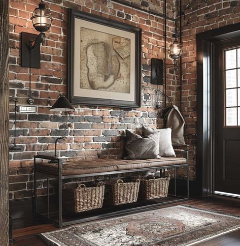 Entrance Furniture Ideas, Industrial Salon Decor, Industrial House Decor, Industrial Style House, Log Cabin Lighting, Sleek Console, Industrial Hall, Steel Console Table, Apartment Entryway