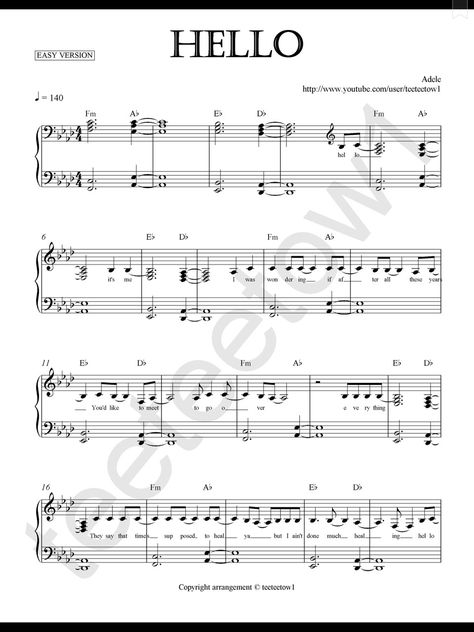 Piano Sheet Music — Hello - Adele (Piano Sheet) Adele Piano, Hello Adele, Sheet Music With Letters, Song Sheet, Music Chords, Flute Music, Violin Music, Music Piano, Piano Songs