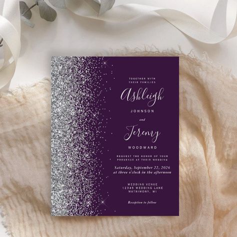 Budget Silver Glitter Purple Wedding Invitation Silver Glitter Wedding Invitations, Wedding Flyers, Dark Blue Wedding, Silver Wedding Invitations, Elegant Modern Wedding, Budget Wedding Invitations, Glitter Wedding Invitations, Modern Wedding Invitation, Purple Wedding Invitations