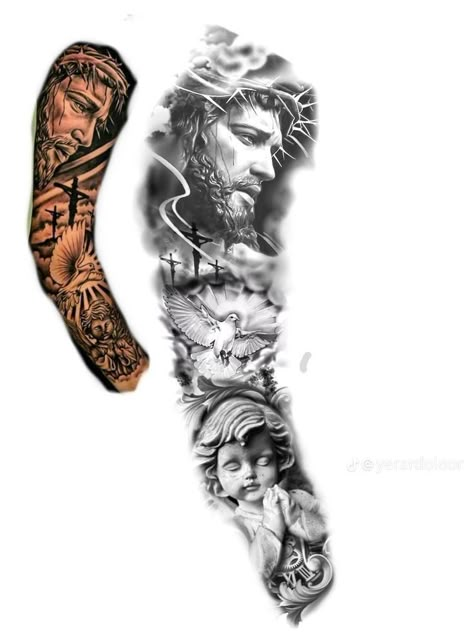 Red Ink Arm Tattoos Men, Biblical Arm Sleeve Tattoo, Biblical Leg Tattoos, Christian Forearm Tattoo, Biblical Tattoos For Men, Jesus Tattoo Sleeve, Religious Tattoo Sleeves, Christus Tattoo, Half Sleeve Tattoos Forearm