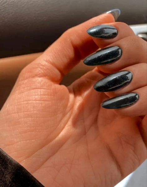 Dark grey gel color chrome nails 2023 Dark Grey Chrome Nails, Chrome Nails 2023, Color Chrome Nails, Grey Chrome Nails, Light Blue Chrome, Blue Chrome Nails, Blue Chrome, Nails 2023, Head Over Heels