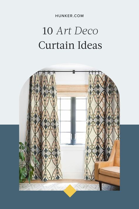 From black velvet drapes to geometric printed ones and more, scroll down for 10 glamorous art deco curtain ideas to dress up your space in a pinch. #hunkerhome #artdeco #curtainideas #artdecocurtain #curtaininspo Art Deco Bedroom Curtains, Curtains Art Deco, Art Deco Curtains Window Treatments, Art Deco Curtains Living Room, Geometric Curtains Living Room, Home Office Curtain Ideas, Curtain Draping Ideas, Velvet Drapes Living Room, Office Curtain Ideas