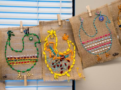 3rd Grade – Colorful, Fun Basic Sewing Sampler – In the K-8 Art Studio with Anita Sagastegui Burlap Sewing Projects For Kids, Craft Thread Projects, Sewing Activities For Kids, Fiber Arts For Kids, Hand Sewing Projects For Kids, Sewing Art Projects, Sewing Project For Kids, Yarn Art Projects, Embroidery For Kids