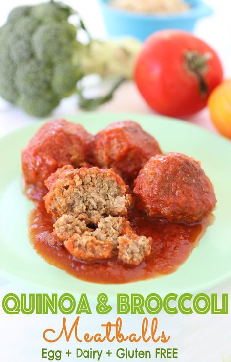 Quinoa Broccoli Meatballs in Marinara Sauce. #eggfree #dairyfree #glutenfree. Meatballs are a real life saver when it comes to picky eaters. Meatballs Broccoli, Broccoli Meatballs, Meatballs In Marinara Sauce, Recipes Meatballs, Quinoa Broccoli, Baby Led Weaning Recipes, Weaning Recipes, Dairy Free Gluten Free, Baby Puree Recipes