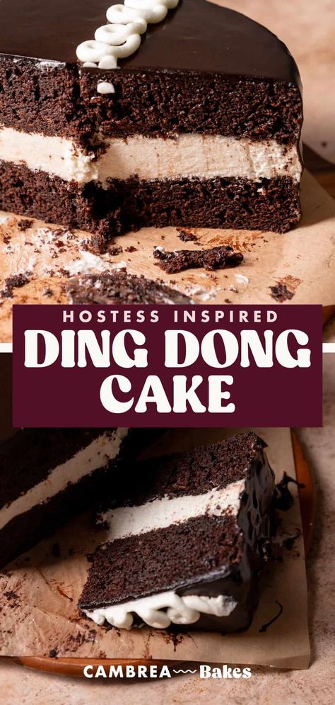 This Hostess ding dong cake combines moist chocolate cake, creamy ermine vanilla filling, and chocolate ganache icing to create an upgraded version of classic chocolate snack cakes! Summer Chocolate Cake, Bunco Desserts, Hostess Cake, Ding Dong Cake Recipe, Interesting Desserts, Cambrea Bakes, Chocolate Ganache Icing, Ding Dong Cake, Sunday Baking