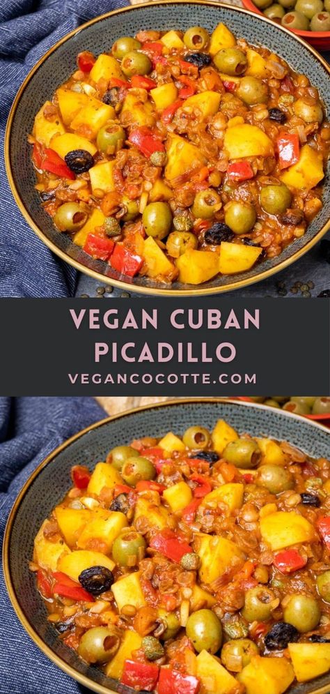 Vegan Cuban Picadillo Cuban Recipes Vegetarian, Vegetarian Cuban Food, Latino Vegan Recipes, Latin Vegetarian Recipes, Vegan Picadillo Recipe, Vegan Cultural Recipes, Vegetarian Cuban Recipes, Vegan Venezuelan Food, Cuban Bowl Recipe