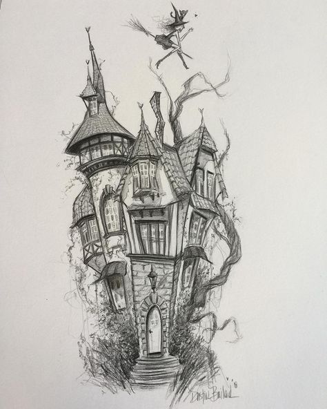 Ink Art Buildings, Pencil Art Drawings Halloween, Castle Drawing Sketches Design Reference, Crooked House Drawing, Simple Fantasy Drawings Art, Architecture Sketch Simple Building, Fantasy Pencil Art, Deviant Art Drawings, Fantasy Sketches Pencil