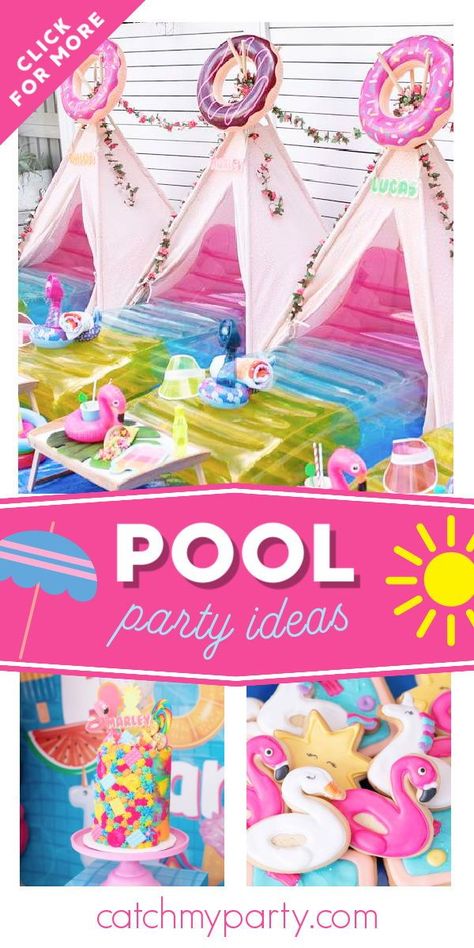 Inflatable Pool Decorating Ideas, Girls Just Wanna Have Sun Pool Party, Summer Pool Party Ideas Kids, Pool Birthday Party Themes, Pool Float Party Decoration, Backyard Pool Party Ideas Kids, Pool Party For Girls Birthday, Pool Party 11th Birthday, Pool Party 10th Birthday