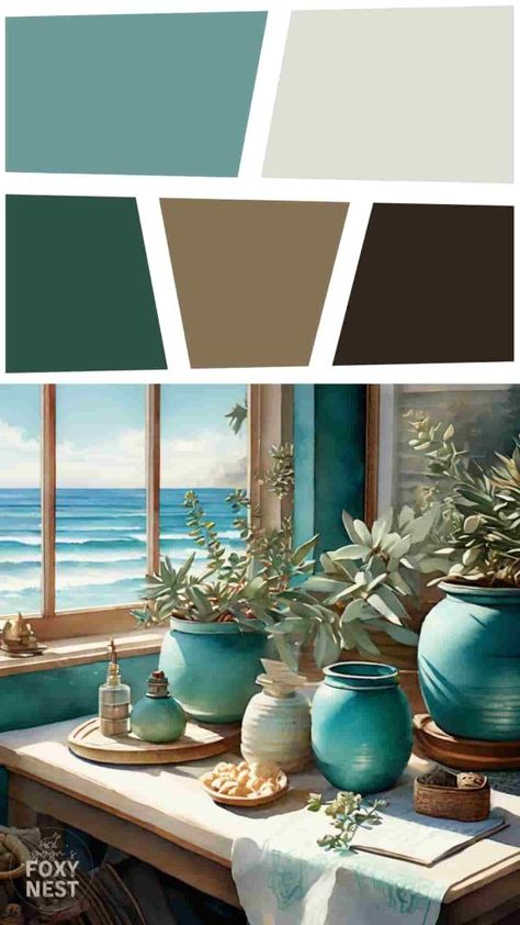 Bring the serene beauty of the seaside into your home with a teal color palette for coastal decor. Pair teal with sandy beige and crisp white to evoke a beachy vibe. Use teal in elements such as throw pillows, rugs, and wall art. Complete the look with nautical touches like seashells, starfish, and maritime-inspired decor for a relaxing coastal retreat. 🌊🏝️ Teal And Green Decor, Teal And Beige Living Room, Nautical Palette, Teal And White Bedroom, Teal Living Room Decor, Teal Accent Walls, Teal Color Palette, Teal Color Schemes, Master Baths