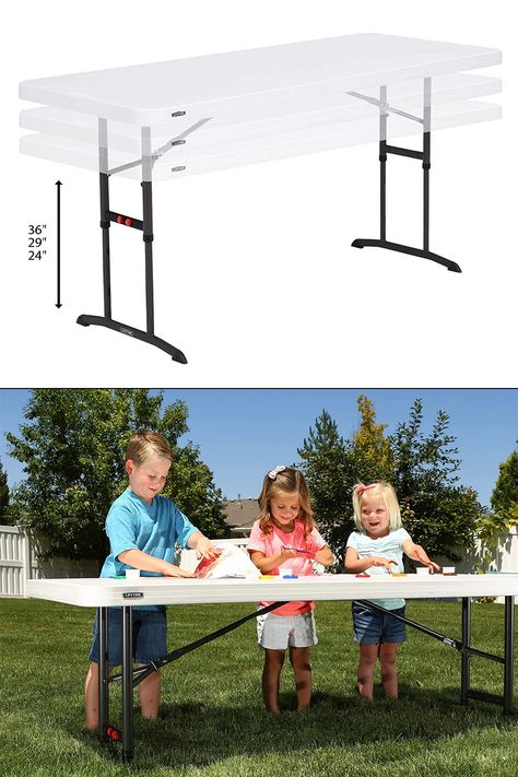 This large folding table has three height settings: 24 inches for little kids to sit at, 29 inches for adults to sit at, and 36 inches for countertop height. Kids Folding Table, Happy Party, Kid Table, Folding Table, Diy For Kids