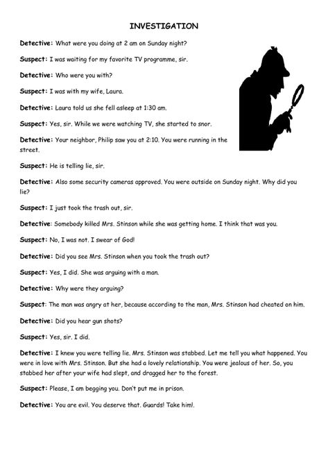 BusyTeacher.org Dialogue Writing Examples, How To Write Detective Stories, Detective Prompts, Detective Questions, One Act Play Script, Dialogue Writing Worksheets, English Drama Script, Dialogue Script, Dialogue Writing Prompts