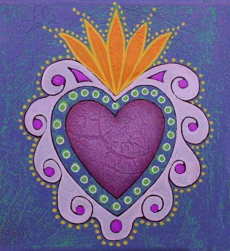 Sacred Heart Painting, Dia De Los Muertos Decorations Ideas, Sacred Heart Art, Easy Valentine Crafts, Heart Art Print, Mexico Art, Painted Hearts, 2 Birthday, Heart Painting