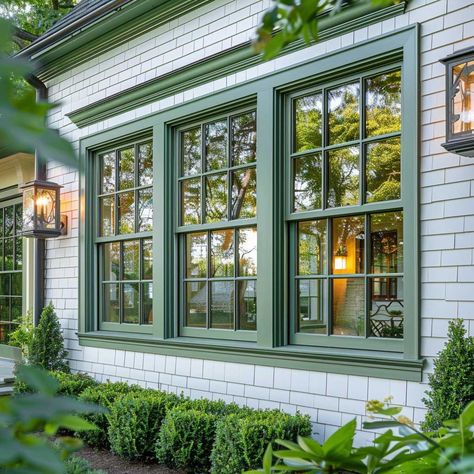 Natural Beauty with Green Outdoor Window Trim • 333+ Art Images White House With Green Windows, Green Trim Exterior House, Cottage Window Trim Exterior, Green Windows Frames, Green Trim Exterior, Green Window Frames Exterior, Pale Green Windows Exterior, Cozy Cottage Exterior, Outdoor Window Trim