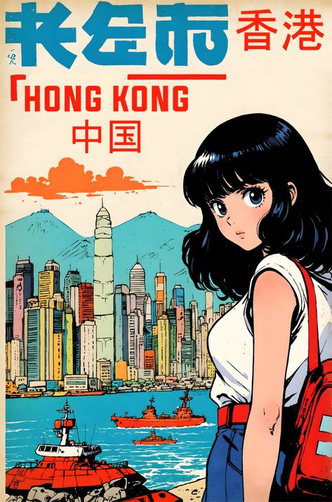 Hong Kong China Retro Anime Girl Vintage Travel Poster Travel Posters Design, Japanese Poster Design Vintage, Japan Graphic Design Poster, Hong Kong Poster, Shanghai Night, Japan Graphic Design, American Dragon, Character Posters, Japanese Poster Design