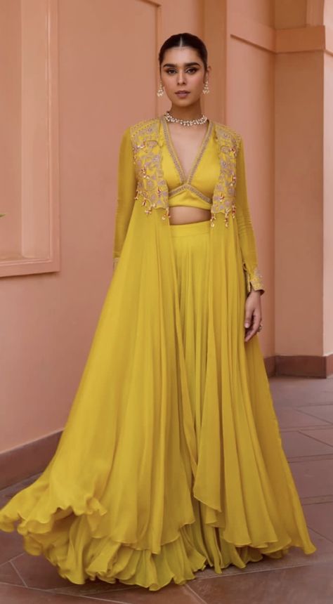 Mustard Yellow Anarkali Dress, Classic Indian Wear, Siders Wedding Outfits Indian, Devsena Look, Haldi Outfit Designs, Haldi Ceremony Outfit Indowestern, Haldi Outfits For Women, Skirt Top Western Outfit, Simple Haldi Dress Ideas