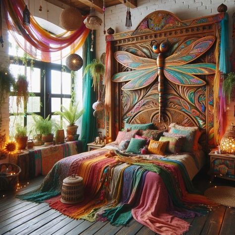 Rainbow Boho Bedroom, Bedroom Mural Ideas, Maximalism Bedroom, Bedrooms Boho, Corner Bed, Scandinavian Home Decor, Boho Style Decor, Bedroom Ambiance, Bring Nature Indoors