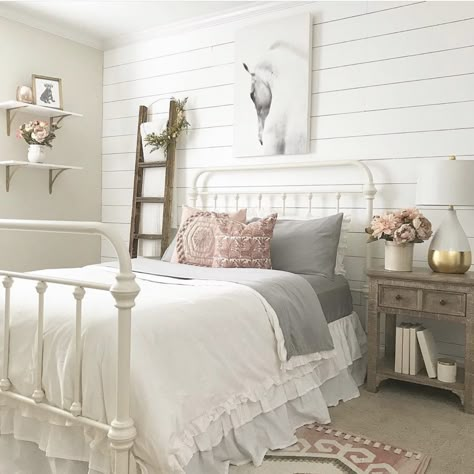 DIY Plank Wall (Faux Shiplap) Shiplap Bedroom, Diy Plank Wall, Farm Bedroom, Farmhouse Projects, Toddler Girl Room, Faux Shiplap, Guest Bedroom Decor, Plank Walls, White Bed