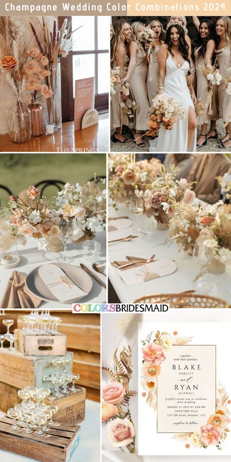 Champagne Color Theme Wedding, Champagne And Cream Wedding Theme, Wedding Inspo Champagne Colors, Champagne Wedding Theme Decor, Champagne Wedding Theme Flowers, Champagne Flowers Wedding, Elegant Fall Wedding Colors, Champagne Theme Wedding Flowers, Champagne And Salmon Wedding