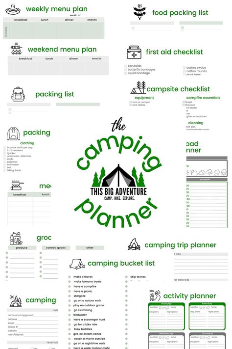 Camping Supply List Packing Checklist, Camping Menu Planner Free Printable, How To Plan A Camping Trip, Printable Camping List Packing Checklist, Rv Camping Checklist Free Printable, Camping With Kids Checklist, Camp Itinerary Template, Camping Meal Planner Free Printable, Camping Binder Free Printable