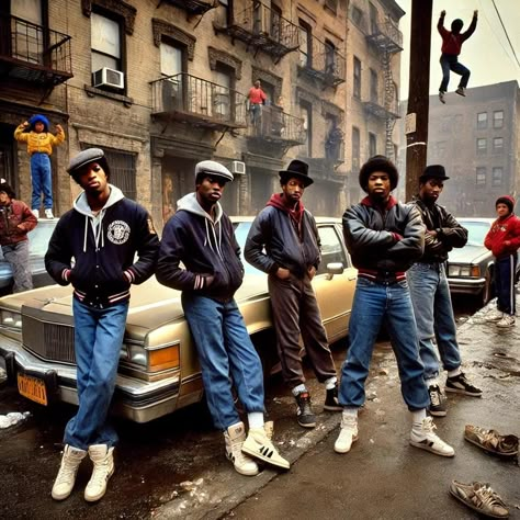 Capture the essence of the 1980s hip hop culture with this vibrant art print featuring a group of b-boys striking classic poses in a gritty urban street. The scene is set with authentic details such as Members Only jackets, Jordache jeans, and Kangol hats. Behind them, old, worn-out cars and a makeshift basketball hoop made from a milk crate add to the nostalgic atmosphere. Perfect for hip hop enthusiasts and those who appreciate vintage urban art, this poster brings a piece of history to your s Vintage Hiphop Outfit, Vintage Hip Hop Outfits, Old Hiphop Outfit, 80 Hip Hop, 90s Hip Hop Art, 80’s Hip Hop, 80s Hip Hop Fashion, 80s Hiphop, Hip Hop Style Outfits