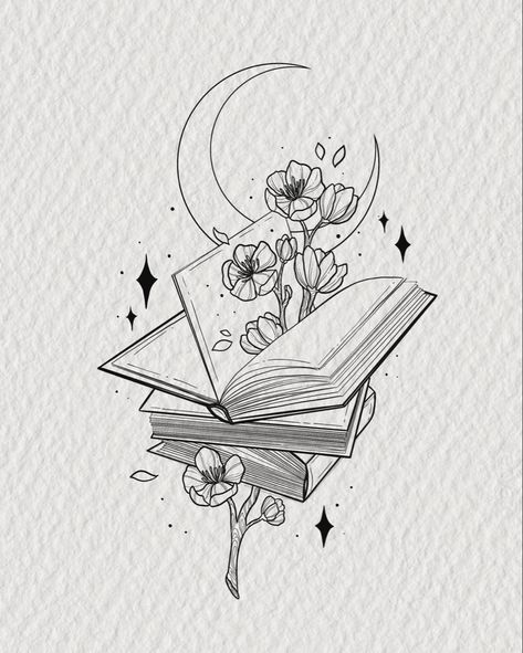 Book stocked tattoo with flowers and the moon design for tattoo Reader Tattoo, Book Inspired Tattoos, Reading Tattoo, Bookish Tattoos, Fantasy Tattoos, Tattoos For Lovers, Book Tattoo, Book Drawing, Simplistic Tattoos