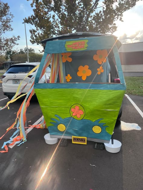 Car Trick Or Treat, Trunk Or Treat Ideas For Motorcycles, Trunk Or Treat 70s Theme, Mystery Machine Van Cardboard Diy, Mystery Machine Trunk Or Treat Ideas, Trunk Or Treat Ideas For Cars Scooby Doo, Trunk Or Treat Mystery Machine, Scooby Trunk Or Treat Ideas, Trunk Or Treat Ideas Scooby Doo