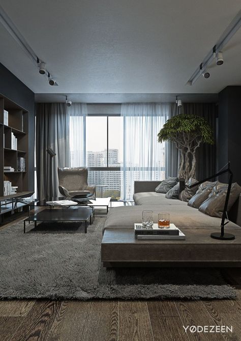 A Dark and Calming Bachelor Pad with Natural Wood and Concrete | Interior Design Ideas | Bloglovin’ Wood And Concrete Interior Design, Wood And Concrete Interior, Bachelor Pad Living Room, Concrete Interior Design, Concrete Interiors, Large Window, Bachelor Pad, Dark Interiors, Design Seeds