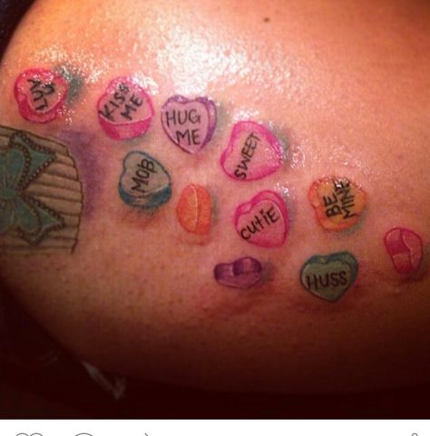 Sweetheart colorful tattoos Loveheart Sweets Tattoo, Sweet Tart Tattoo, Sweetheart Tattoo, Sweet Tarts Candy, Candy Tattoo, Random Tattoos, Sweetheart Candy, Colorful Tattoos, Sweet Tarts