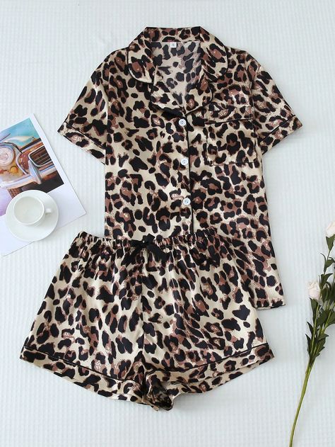 2pcs Satin Leopard Print Short Sleeve Shirt With Collar And Bowknot Shorts Pajama Set For Women, Spring/SummerI discovered amazing products on SHEIN.com, come check them out! Satin Clothing, Summer Pajama Set, Shorts Pajama Set, Shirt With Collar, Leopard Print Shorts, Summer Yellow, Short Pj Set, Pajama Set Women, Short Pajama Set