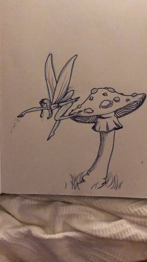 Cute Easy Fairy Drawings, Fairy’s Drawing, Fairy Doodle Aesthetic, Fairy On A Mushroom Drawing, Easy To Draw Fairy, Fairy Core Drawing Ideas, Fairy Garden Ideas Drawing, Nature Fairy Drawing, Mushroom And Fairy Tattoo