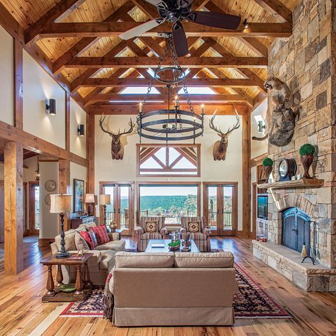 Timber Frame Living Room, Timber Frame Great Room, Tennessee Homes, House On Stilt, Frame Living Room, Timber Frame Design, Timber Home, Log Home Living, Living Room Decorating Ideas