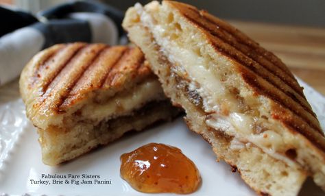 Turkey, Brie & Fig Jam Panini | recipe from Fabulous Fare Sisters Fig Jam Sandwich, Brie Fig Jam, Turkey Panini, Brie Sandwich, Panini Recipe, Jam Sandwich, Fig Spread, Croissant Sandwich, Panini Recipes