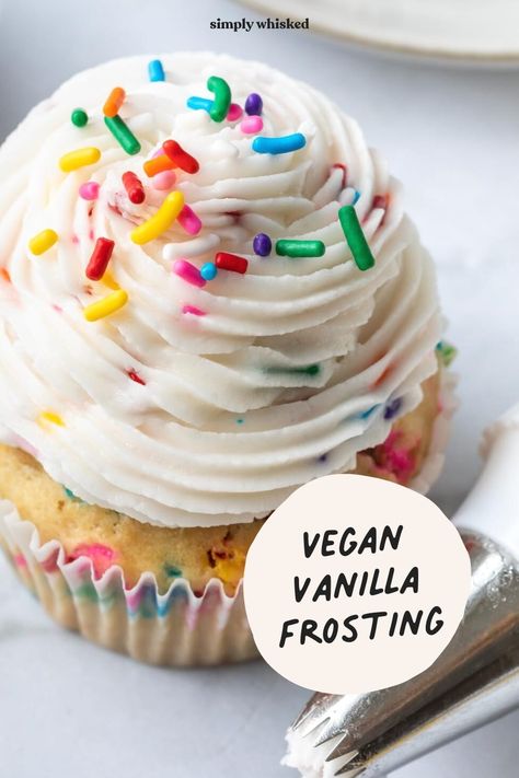 This creamy, vanilla dairy free frosting with rainbow sprinkles is perfect for your next bach of cupcakes, or celebratory cake. Easy to make and delicious - you'll want to eat it off the spoon! Vegan Vanilla Frosting, Vegan Icing, Vegan Cake Frosting, Vegan Cake Mix, Vanilla Icing Recipe, Vanilla Frosting Recipe, Vanilla Cake Frosting, Dairy Free Icing, Easy Vanilla Frosting