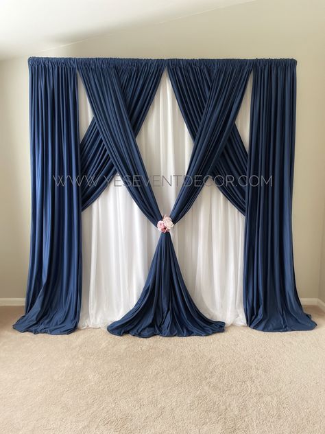 Diy Curtain Backdrop Wedding, Draping Backdrop Ideas, White Backdrop Ideas, Diy Curtain Backdrop, Blue Backdrop Ideas, Backdrop Draping Ideas, How To Make A Backdrop For Party, Event Stage Design Backdrops, Curtain Backdrop Ideas