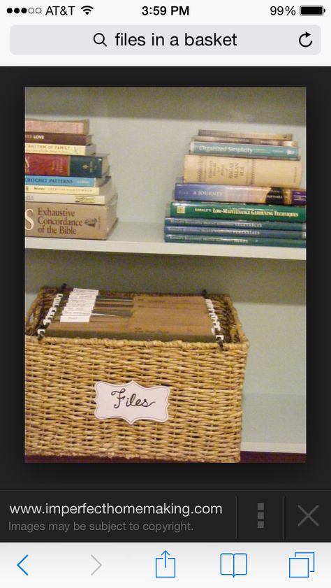 Files in a basket on my bookshelf? File Holder, File Organiser, Office Makeover, File Organization, Home Organisation, File Box, Home Office Organization, Office Organization, Cleaning Organizing