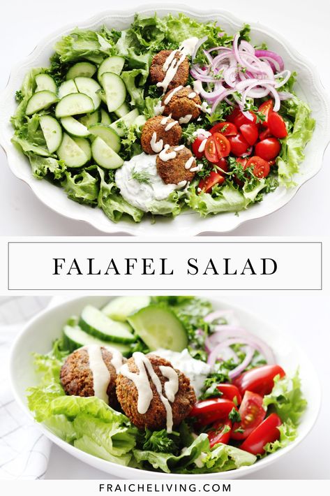 Falafel Salad Dressing, Vegan Falafel Salad, Salad With Falafel, Falafel Salad Recipe, Falafel Side Dishes, Falafel Dishes, Falafel Salad Bowl, Hummus Salad, Falafel Pita