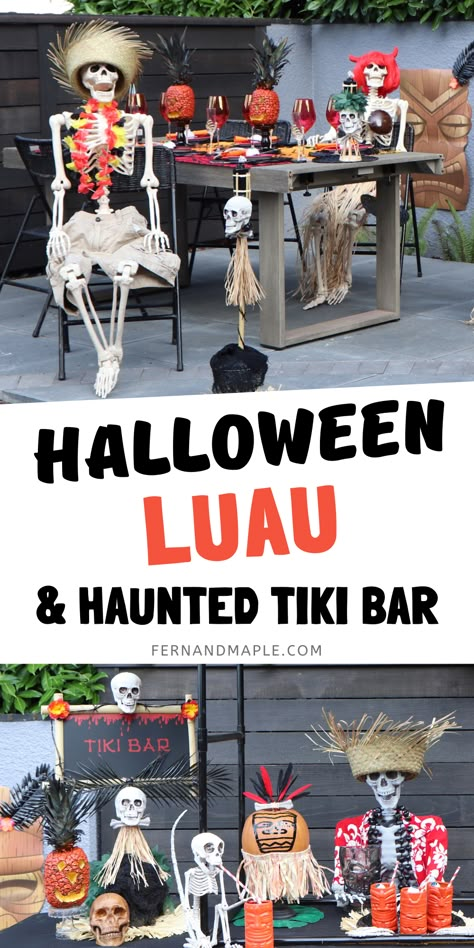 Haunted Hawaiian Party, Homemade Tiki Bar, Fall Luau Party, Halloween Tiki Decorations, Halloween In Summer Party, Halloween Pool Party Ideas, Halloween Luau Party, Halloween Tiki Party, Hawaiian Halloween Decorations