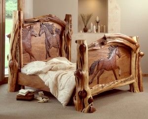 Carved horse bed, The most beautiful Bed I have ever seen ! Mahogany Bed, Carved Beds, Horse Bedding, Rustic Log Furniture, Log Bed, Western Furniture, Dreams Beds, Log Furniture, Western Home