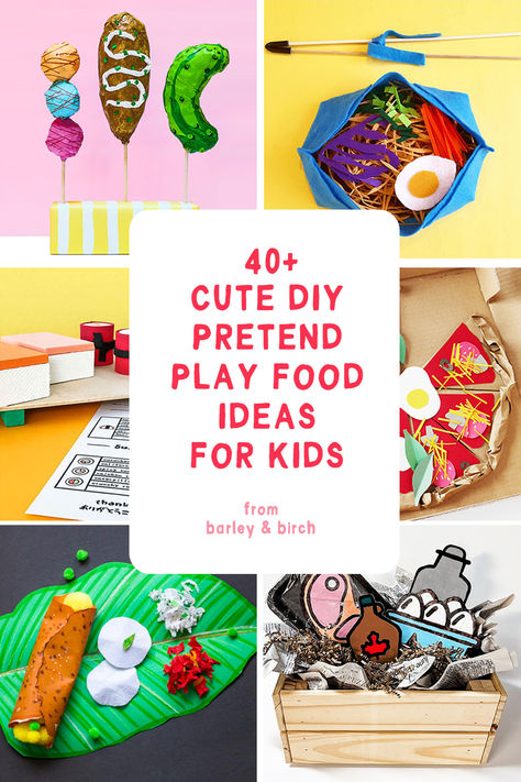 A collage of DIY play food craft ideas for kids dramatic play Diy Dramatic Play Ideas, Diy Play Kitchen Accessories, Dramatic Play For Toddlers, Grocery Store Pretend Play, Food Activities For Toddlers, Diy Dramatic Play, Pretend Play For Toddlers, Play Food Diy, Realistic Play Food