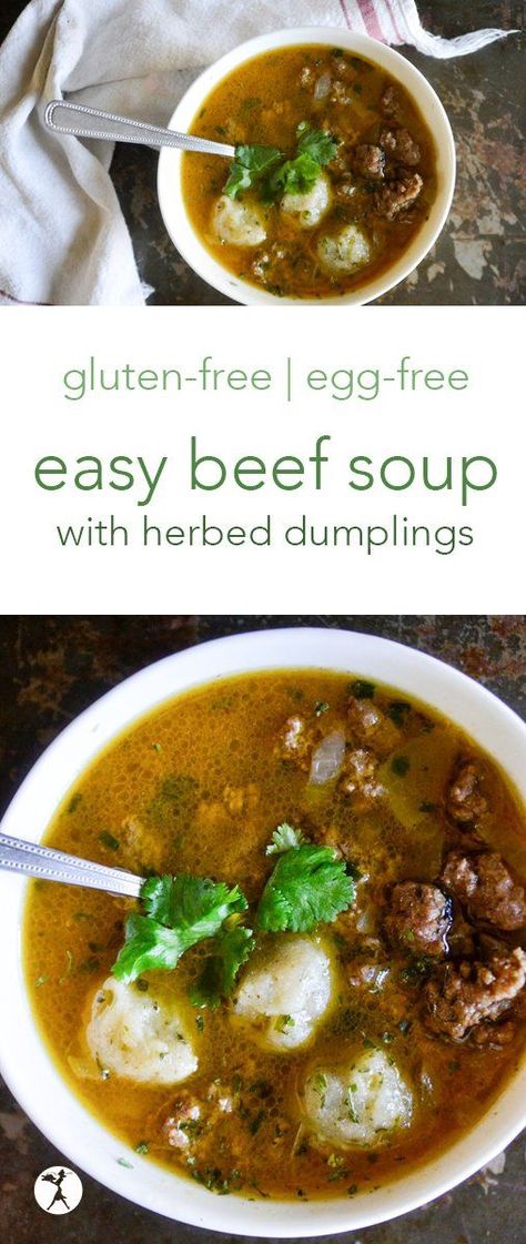 This easy beef soup is the perfect gluten-free comfort food for chilly days! It's full of comforting herbed dumplings and nourishing broth. #glutenfree #soup #eggfree #sugarfree #nourishing #beef #dumplings #herbs Easy Beef Soup, Herbed Dumplings, Nourishing Broth, Gluten Free Dumplings, Cozy Soups, Paleo Soups, Beef Dumplings, Gluten Free Comfort Food, Fall Meals