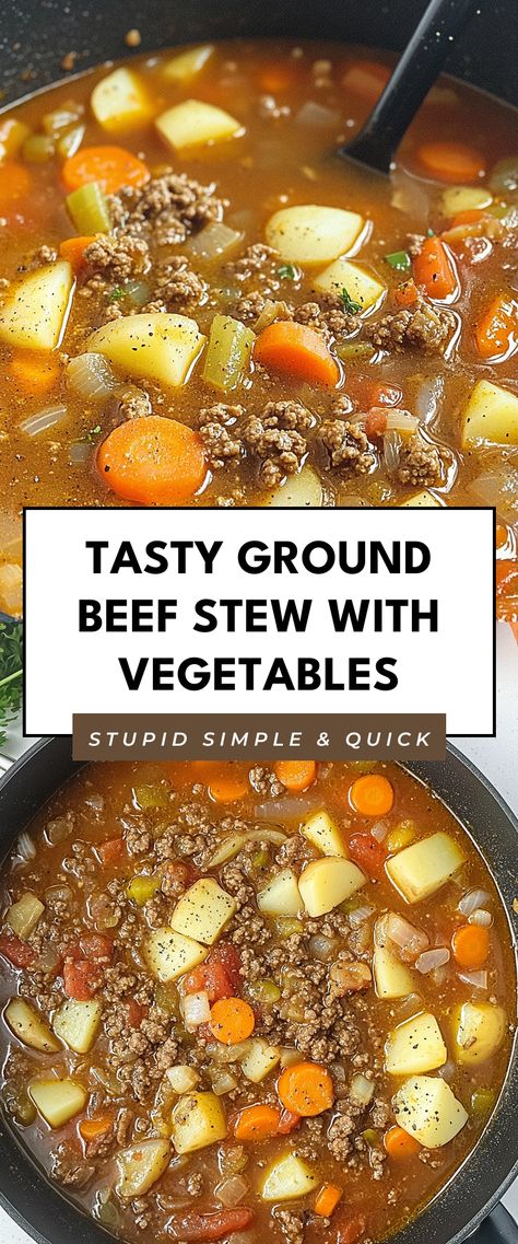 Image for Tasty Ground Beef Stew with Vegetables Ground Beef Stew Recipes Simple, Stew Ground Beef Recipes, Easy Small Crockpot Meals, Beef Stew With Canned Vegetables, Ground Beef Carrots Celery Onion, Low Calorie Dinner Ground Beef, Beef Stew With Ground Beef, Low Calorie Recipes With Ground Beef, Stews With Ground Beef