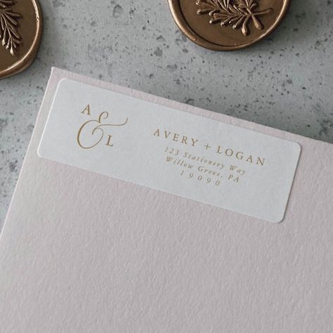 Elegant Gold Script Monogram Return Address Label Winter Bride And Groom, Fairytale Font, Bridal Shower Simple, Newlywed Christmas Card, Romantic Typography, Envelope Address, Winter Bride, Script Monogram, Modern Glam